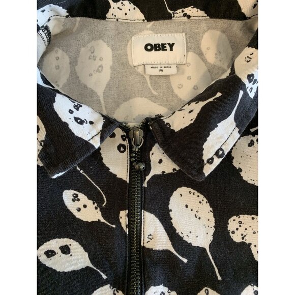 Obey Leaves Dress Collar Short Sleeve Quarter Zip Mini Black White Thick Cotton - Picture 3 of 9